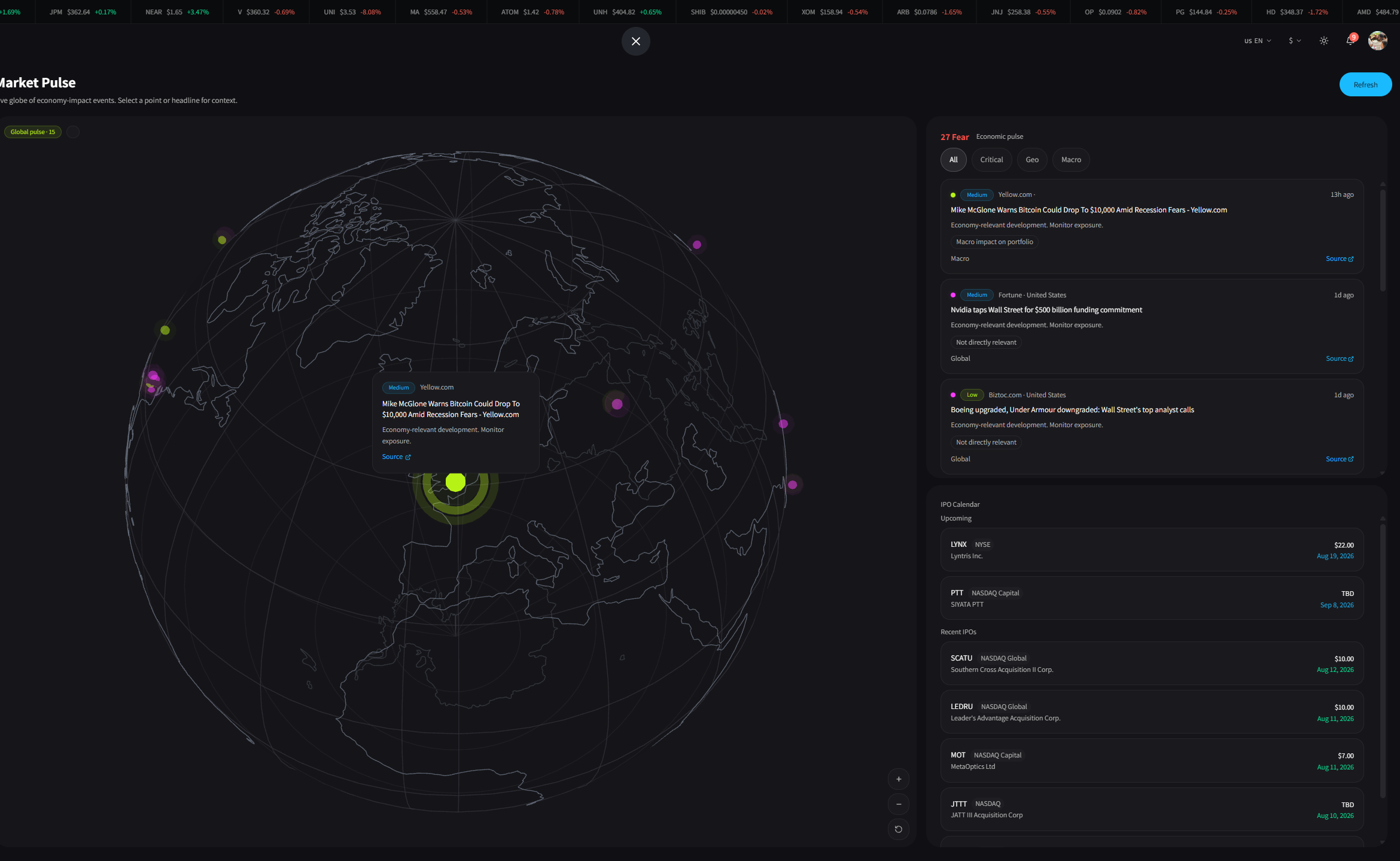 Market Pulse globe and event rail